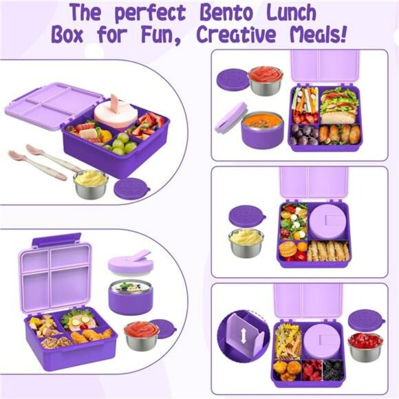 Kids Bento Lunch Box Set with Thermo Food Jar Leakproof School Lunch Bag - Picture 5 of 8
